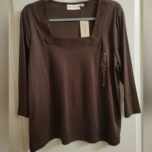 NWT Rebecca Malone 3/4 sleeve chocolate brown top, size XL